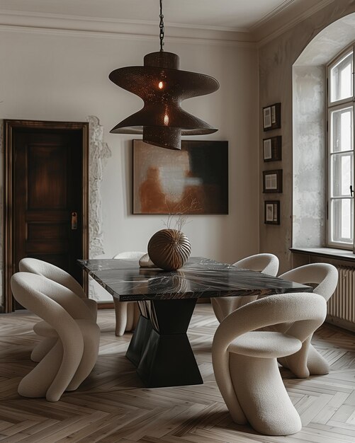 Photo chic modern dining room with sleek furniture art and elegant lighting in a minimalist style