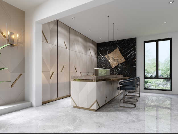 A chic modern kitchen with a designer beige front with gold accents and a trendy kitchen island