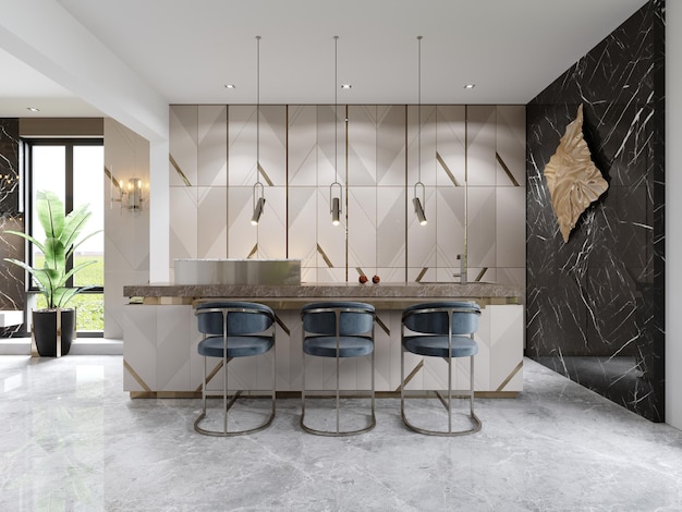 A chic modern kitchen with a designer beige front with gold accents and a trendy kitchen island