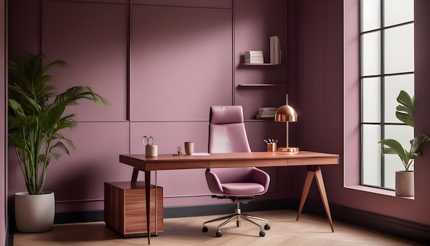 a chic office space with mauvecolored wall paneling and a sleek wooden desk topped with minimalist