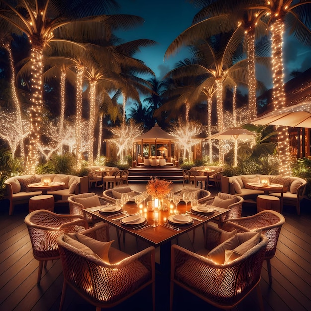 A chic outdoor dining area illuminated by fairy lights wrapped around palm trunks