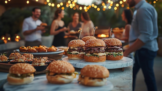 Photo chic outdoor gathering with artisanal gourmet sliders and appetizers