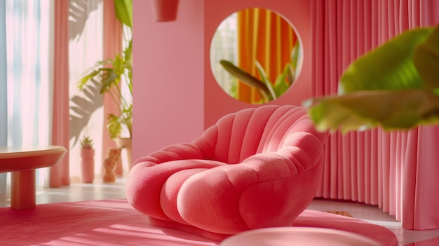 Chic pink interior with a modern armchair and natural accents