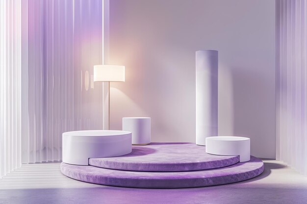 Chic Purple and White 3D Cylinder Podiums Illuminated by Lamp Mockup