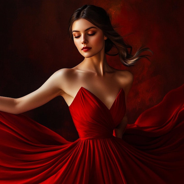 Chic Red Dress Fashion Model Portrait Painting