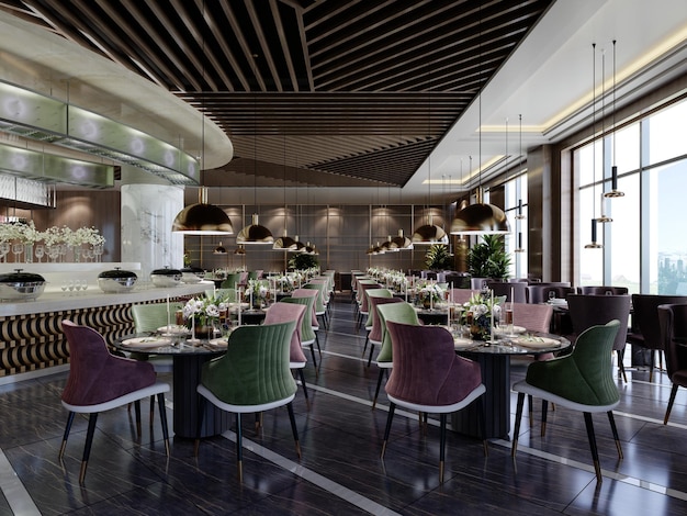 A chic restaurant with a modern design and trendy furniture in green and burgundy colors