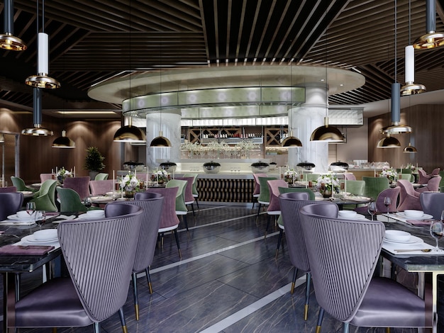 A chic restaurant with a modern design and trendy furniture in green and burgundy colors