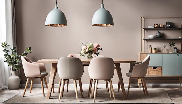 Chic scandinavian dining room wooden table soft pastel chairs for stylish modern d cor