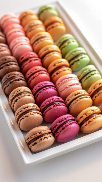 Chic and simple dessert collection colorful macarons arranged neatly on tray in bright setting