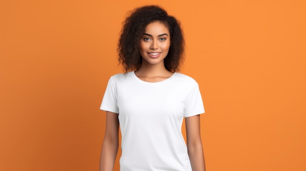 Chic Simplicity Young Woman in Bella Canvas White Shirt Soft Orange Backdrop for Design and Print ShowcasexA