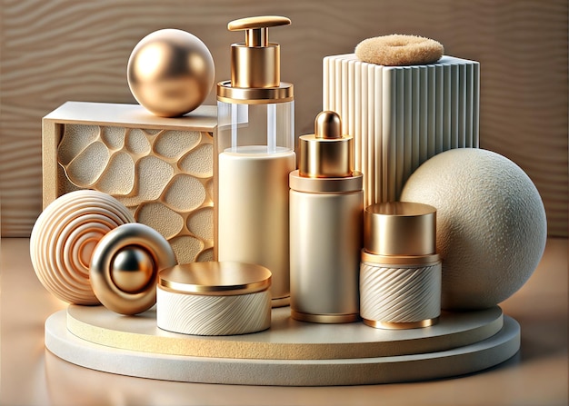 Chic Skincare Layout with Gold and Cream Containers