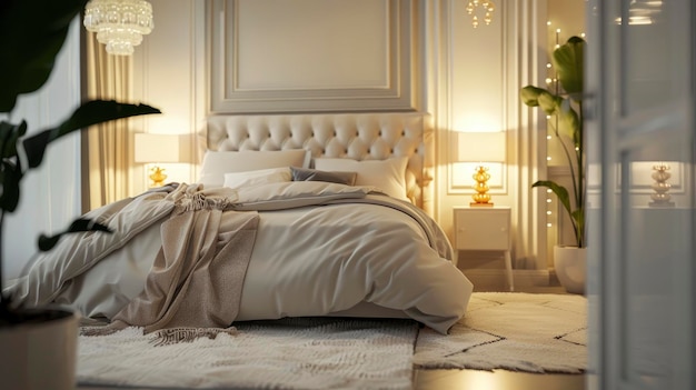 A chic and spacious bedroom featuring fashionable decor elegant furniture and soft ambient lighting