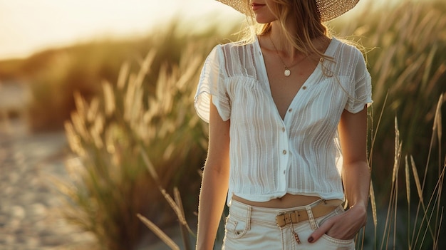 Photo chic summer blouse fashion woman outdoors field