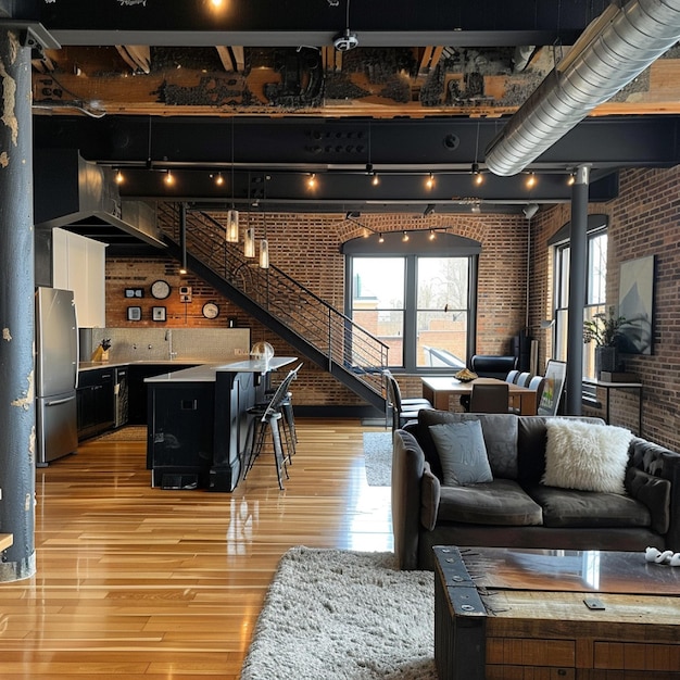 A chic urban loft with industrial elements exposed brick and modern furnishings