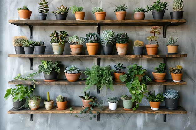 Chic wall decoration featuring lush green plants in elegant pots displayed on wooden shelves