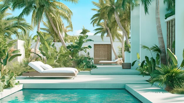 Photo chic white tabletop in tropical paradise setting with palm trees and pool ar 169 niji 6 job id ab52078d540e43c2a5694e99a54325b6