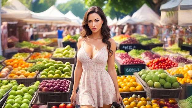 Chic Woman Browsing Colorful Produce Selection at Bustling Market