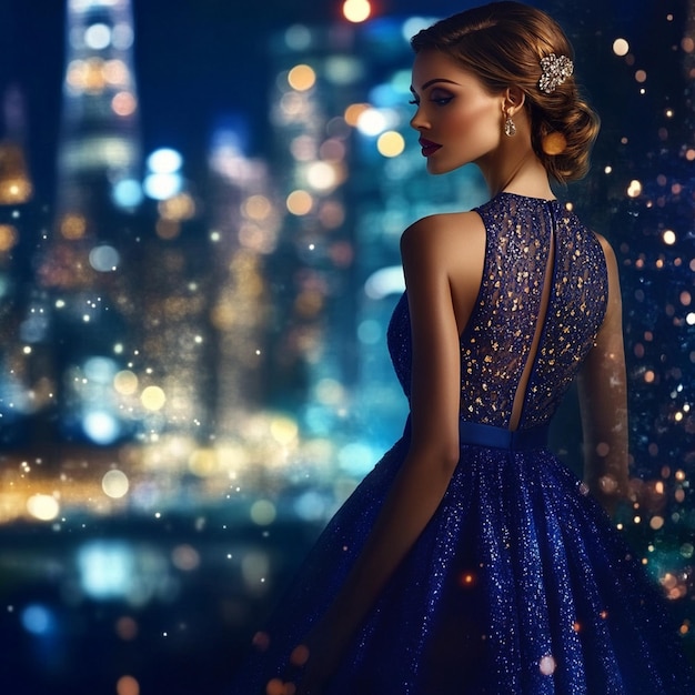 Chic Woman in Elegant Blue Gown Against Cityscape Background