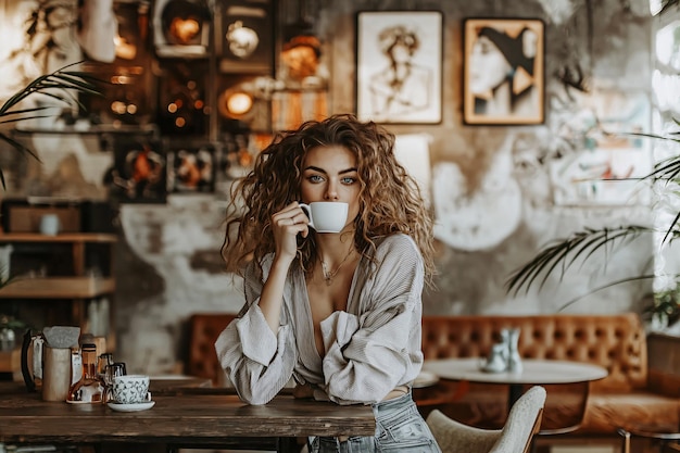 Photo a chic woman enjoys her coffee in a sleek cafc adorned with modern decor and artistic touches