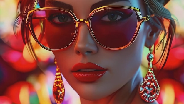 Photo chic woman in vibrant casino setting she wears stylish sunglasses and glamorous earrings exuding confidence and allure amidst the dazzling lights perfect for nightlife and luxury themes