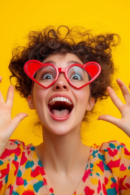 Photo a chic woman with oversized colorful glasses blowing a pastel pink balloon from chewing gum