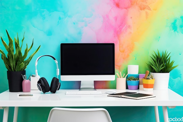 A chic workspace with a contemporary computer on a table and a colorful wall