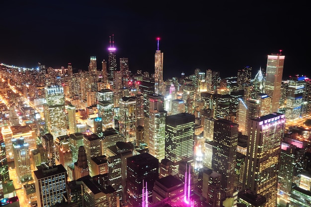 Chicago night aerial view