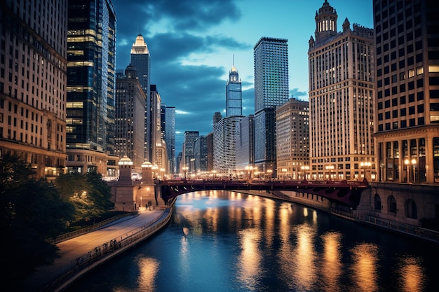 Photo chicago river at night stock photo