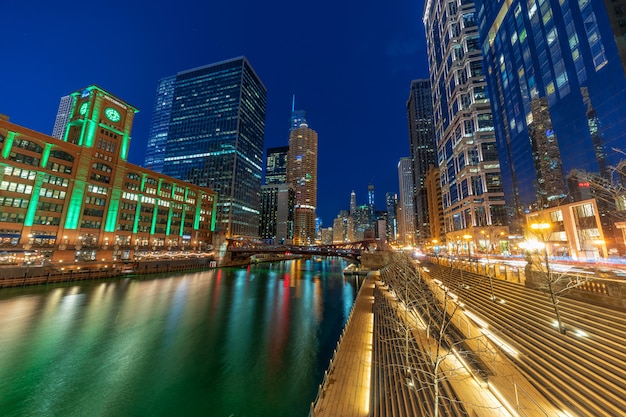 The Chicago riverwalk cityscape river side, USA downtown skyline, Architecture and building with tourist concept