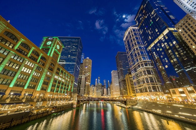 The Chicago riverwalk cityscape river side, USA downtown skyline, Architecture and building