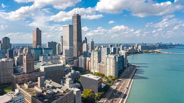 Chicago skyline aerial drone view from above, city of Chicago downtown skyscrapers and lake Michigan cityscape, Illinois, USA