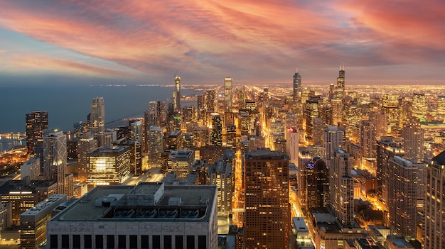 Chicago Skyline Cityscape at night  and  blue sky with cloud, Chicago, United state