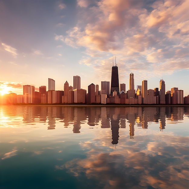 the Chicago skyline reflected in the calm waters of Lake Michigan