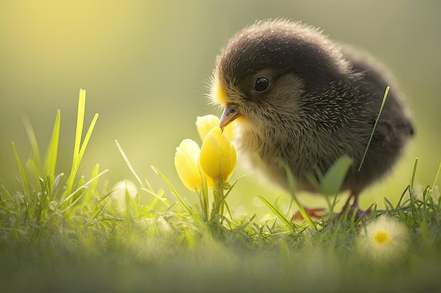 Chick nibbling on worm in grass