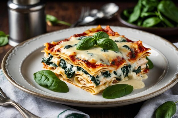 Chicken Alfredo lasagna with layers of creamy sauce and herbs