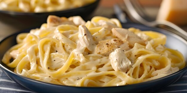 Chicken Alfredo pasta with creamy sauce coating fettuccine strands on a plate Concept Food Photography Pasta Dish Creamy Sauce Gourmet Cuisine Italian Cuisine