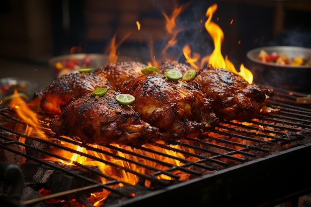 chicken bbq grill with blazing fire flame at a Summer Barbecue