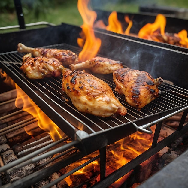 Photo chicken bbq grill with burning flame