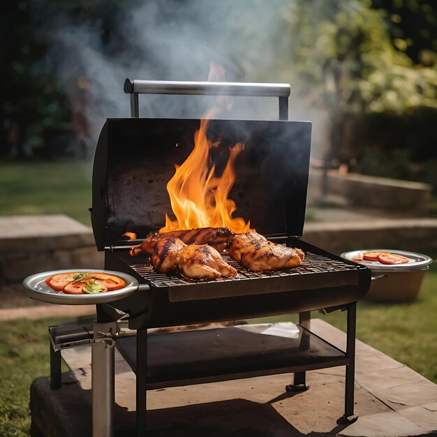 Photo chicken bbq grill with burning flame