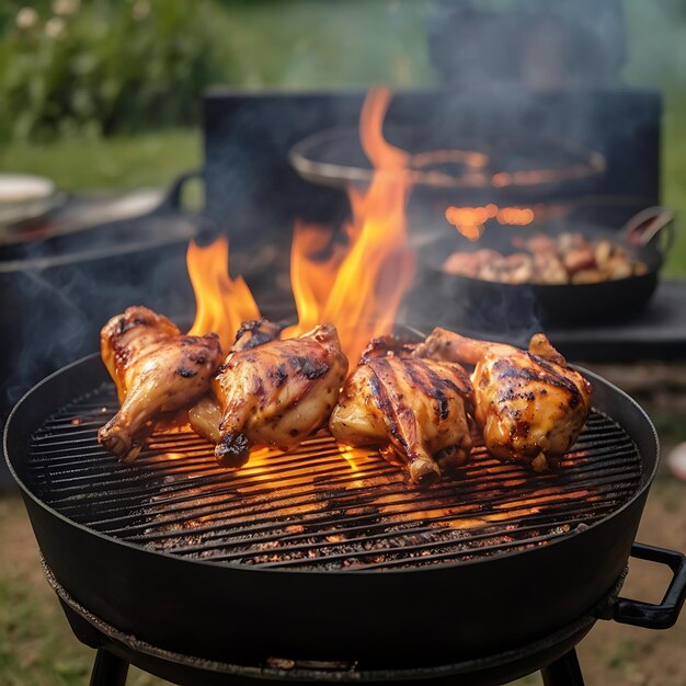 Photo chicken bbq grill with burning flame