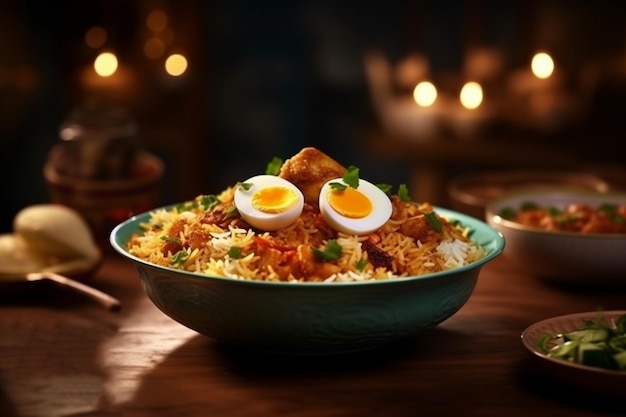 Chicken biryani and eggs Indian savory food Generative AI