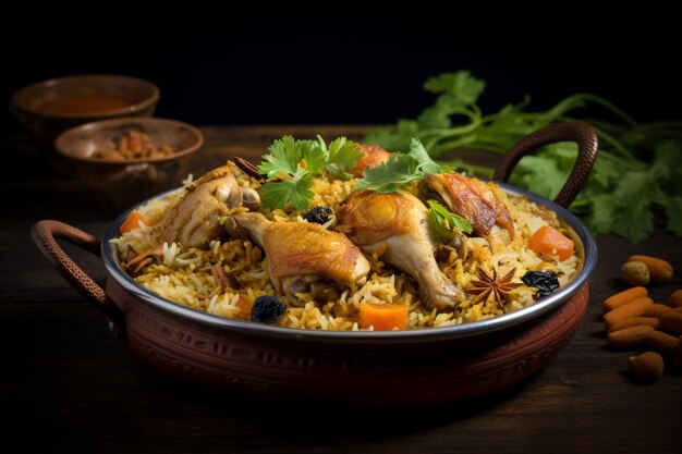 Photo chicken biryani with a hint of black pepper yummy chicken biryani food image photography