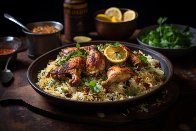 Photo chicken biryani with a hint of black pepper yummy chicken biryani food image photography