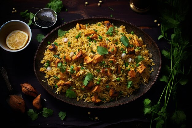 Photo chicken biryani with savory almond butter yummy chicken biryani food image photography