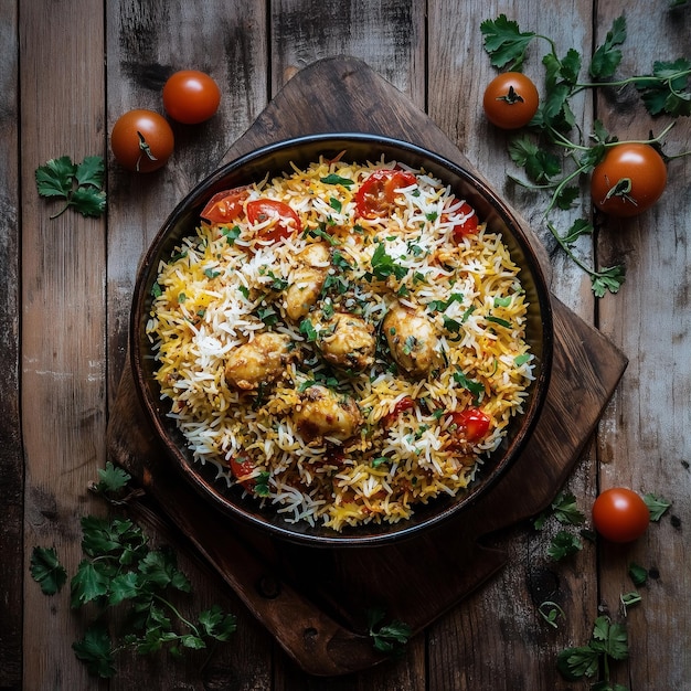 Photo chicken biryani with tomatoes and herbs wooden table