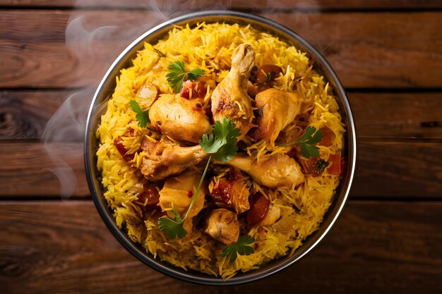 Chicken Biryani on a Wooden Background