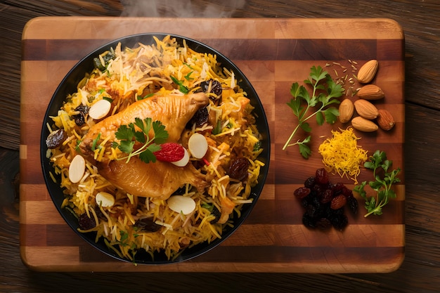 Chicken Biryani on a Wooden Background