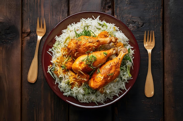 Chicken Biryani on a Wooden Background