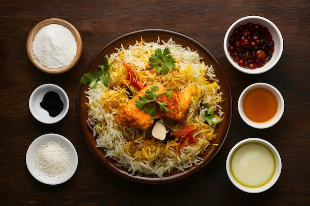 Chicken Biryani on a Wooden Background