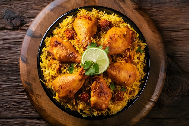 Chicken Biryani on a Wooden Background